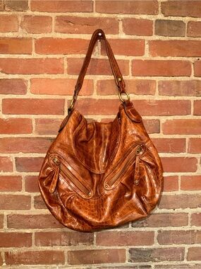 Elle Tan Croc-Embossed Leather Hobo Bag with Gold Hardware